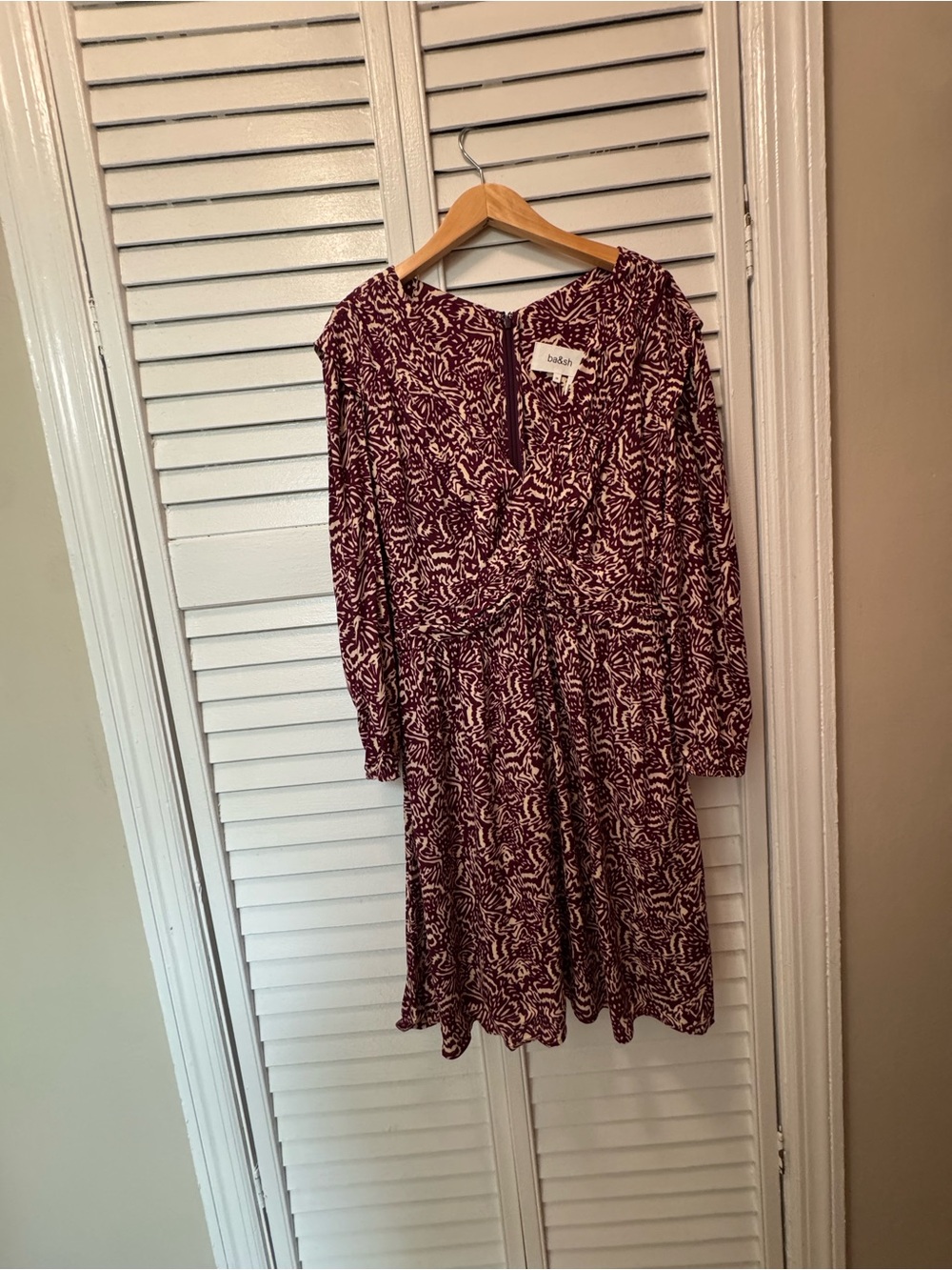ba&sh Burgundy and Cream Long-Sleeve Printed Dress